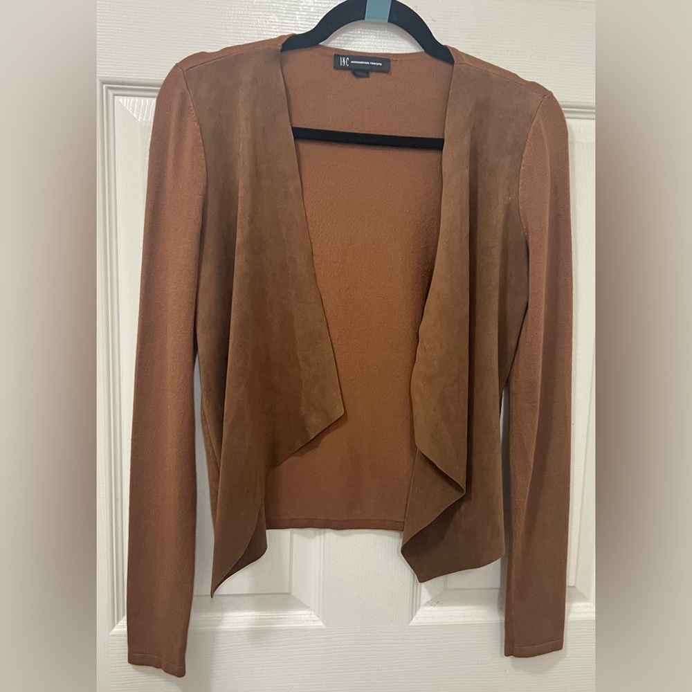 INC International Concepts Faux Moleskin Cardigan Cowgirl Brown Suede PM - Picture 2 of 4
